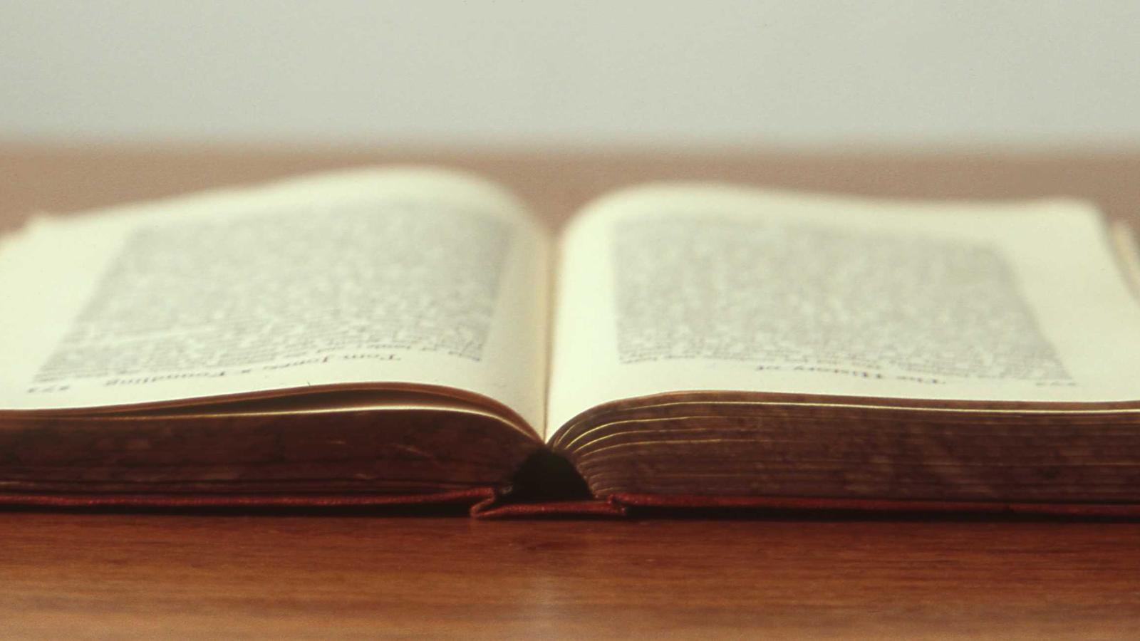 Detalle en primer plano de un libro abierto, con las páginas curvándose hacia el lomo